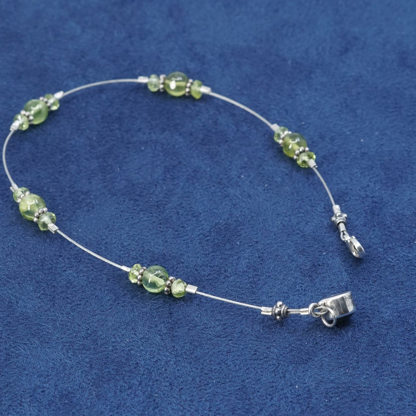 8.5", Sterling silver handmade bracelet, stainless steel chain w/ peridot beads