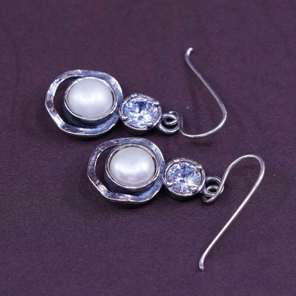 vtg Israel Sterling silver handmade earrings, 925 hoops w/ pearl and cz