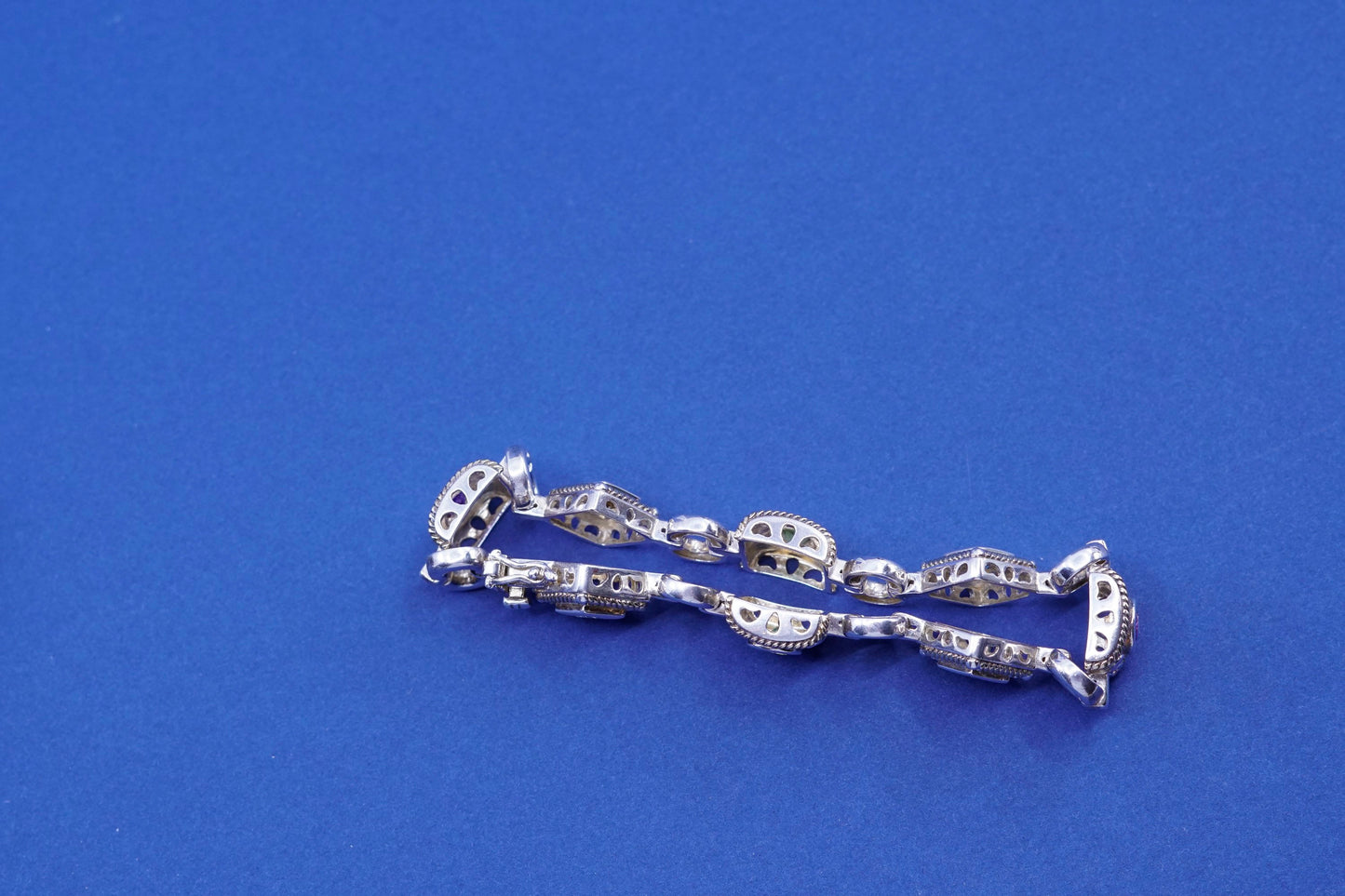 7”, Sterling 925 silver tennis bracelet w/ amethyst, peridot ruby citrine topaz