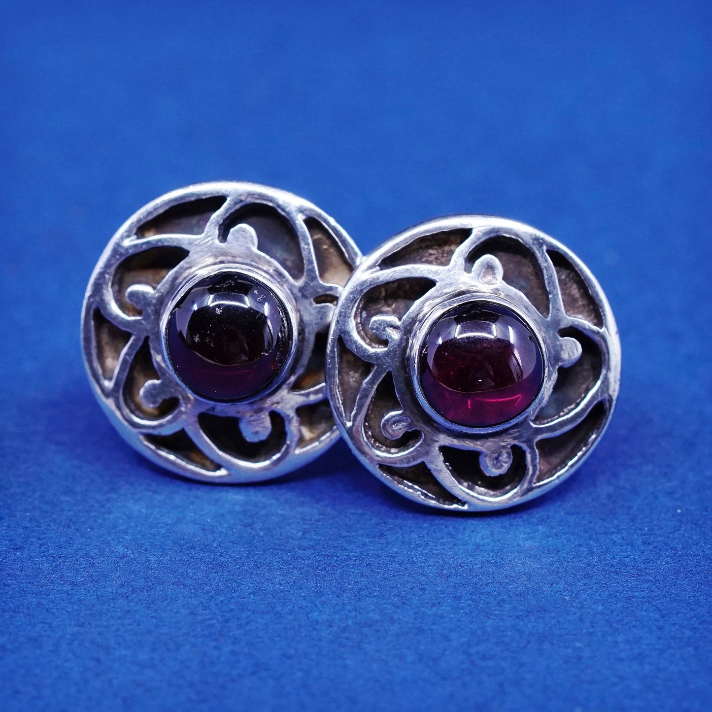 Vintage sterling silver handmade earrings, 925 flower studs with garnet