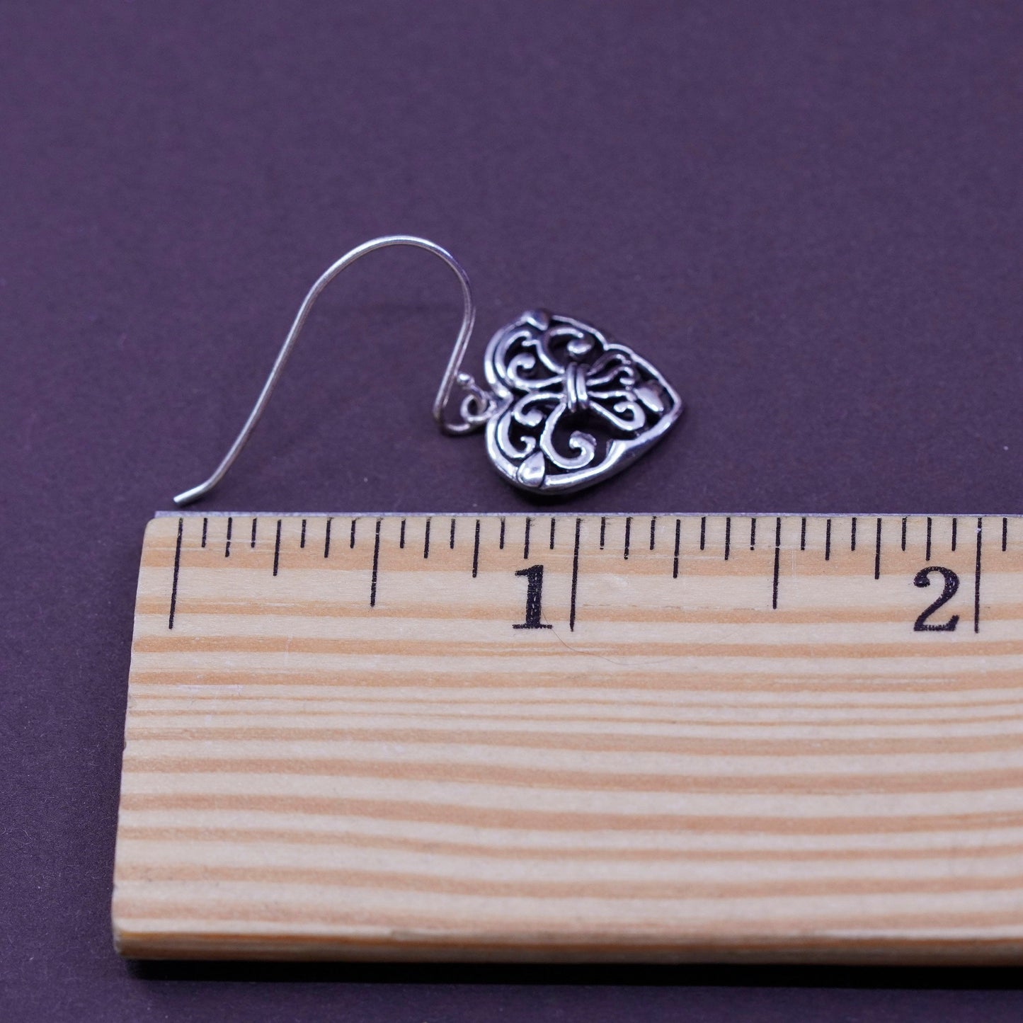 Vintage Sterling silver handmade earrings, 925 filigree heart drops