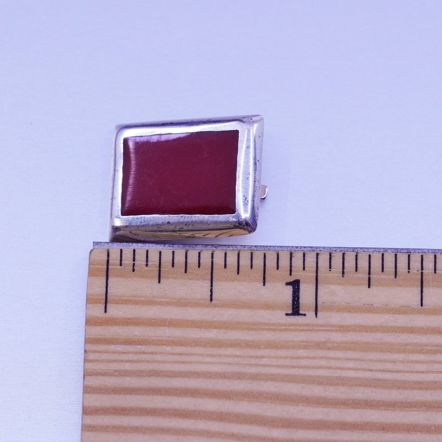 Sterling 925 silver handmade earrings, rectangular clip on red and black enamel