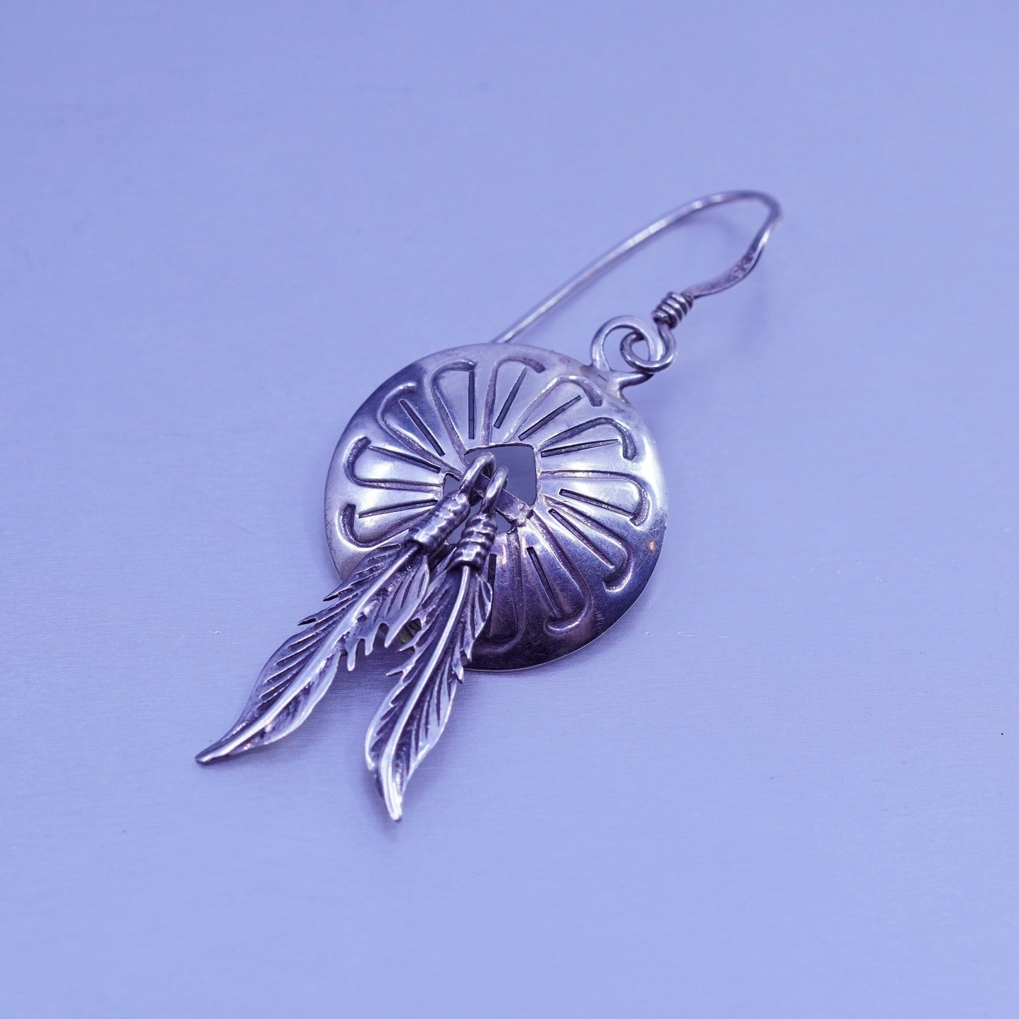 vintage Sterling silver handmade earrings, 925 textured disc feather dangles