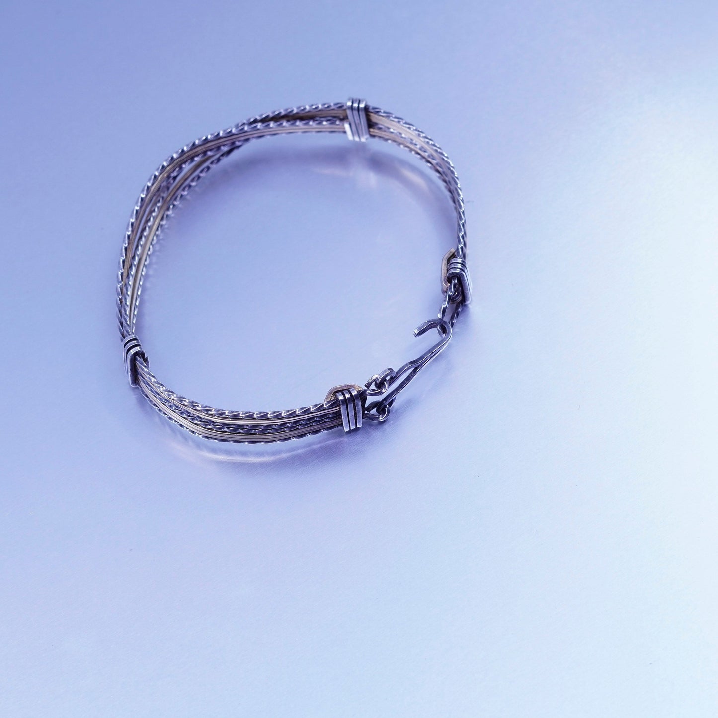 7.75”, Two tone Sterling 925 silver bracelet, braided hinged bangle brass