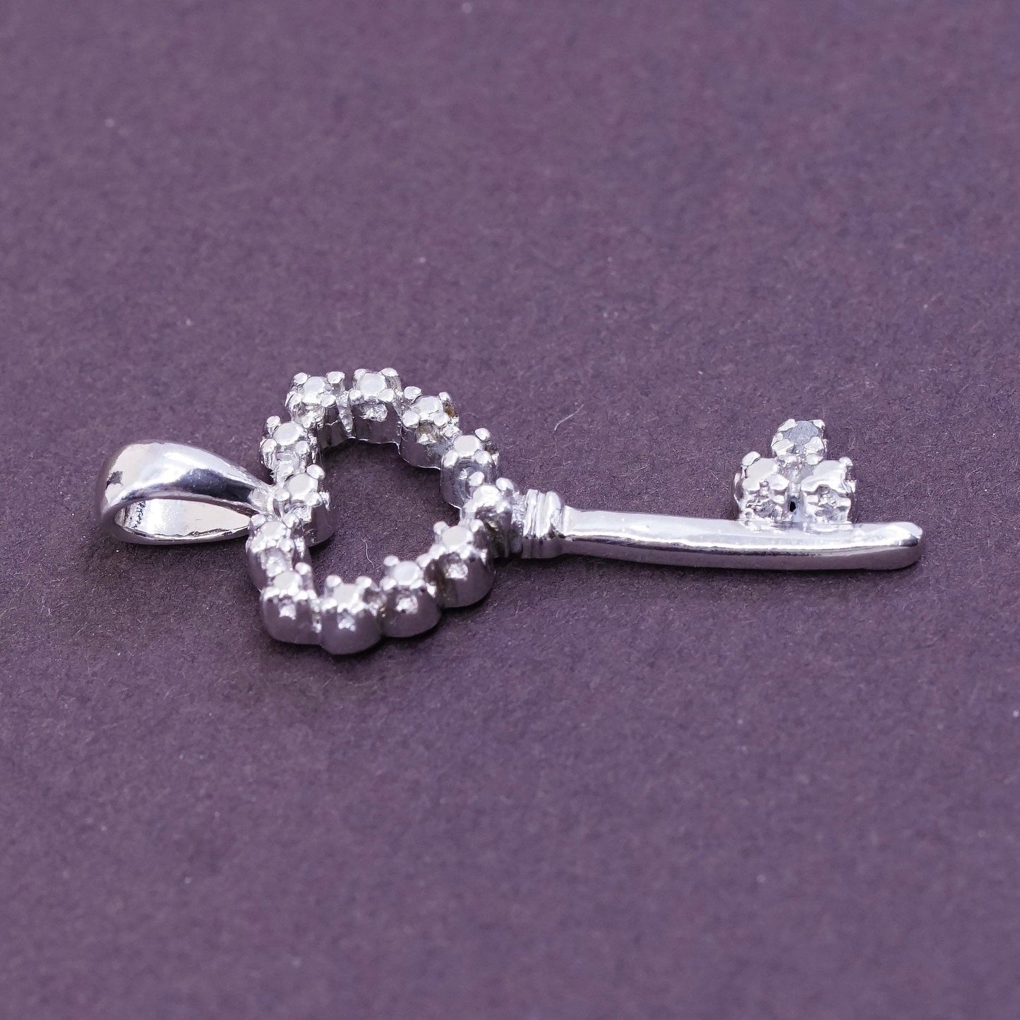 Vintage Sterling silver handmade pendant, solid 925 silver key with Cz