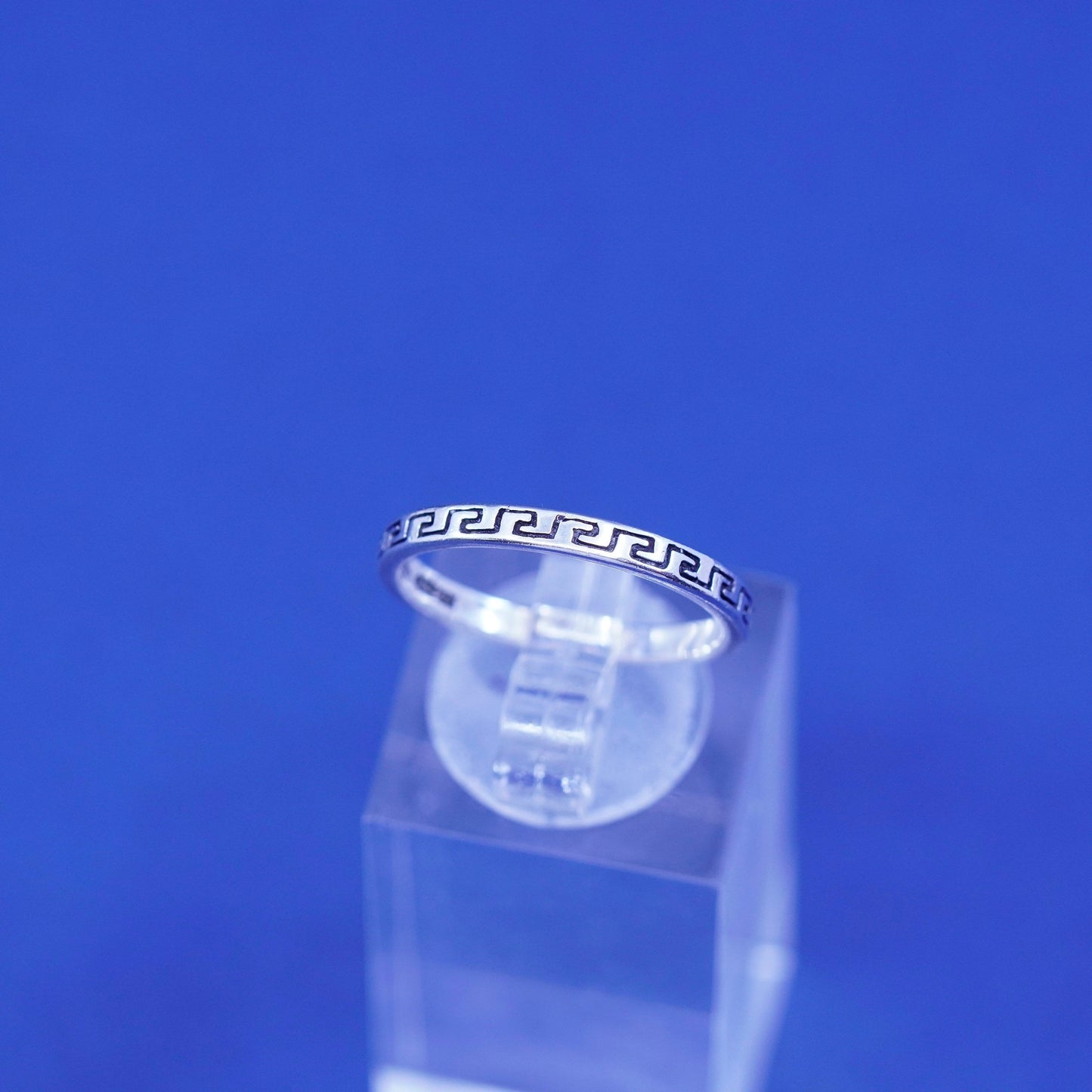 Size 7.25, vtg WJ Sterling silver handmade ring, hopi 925 band with Greek key