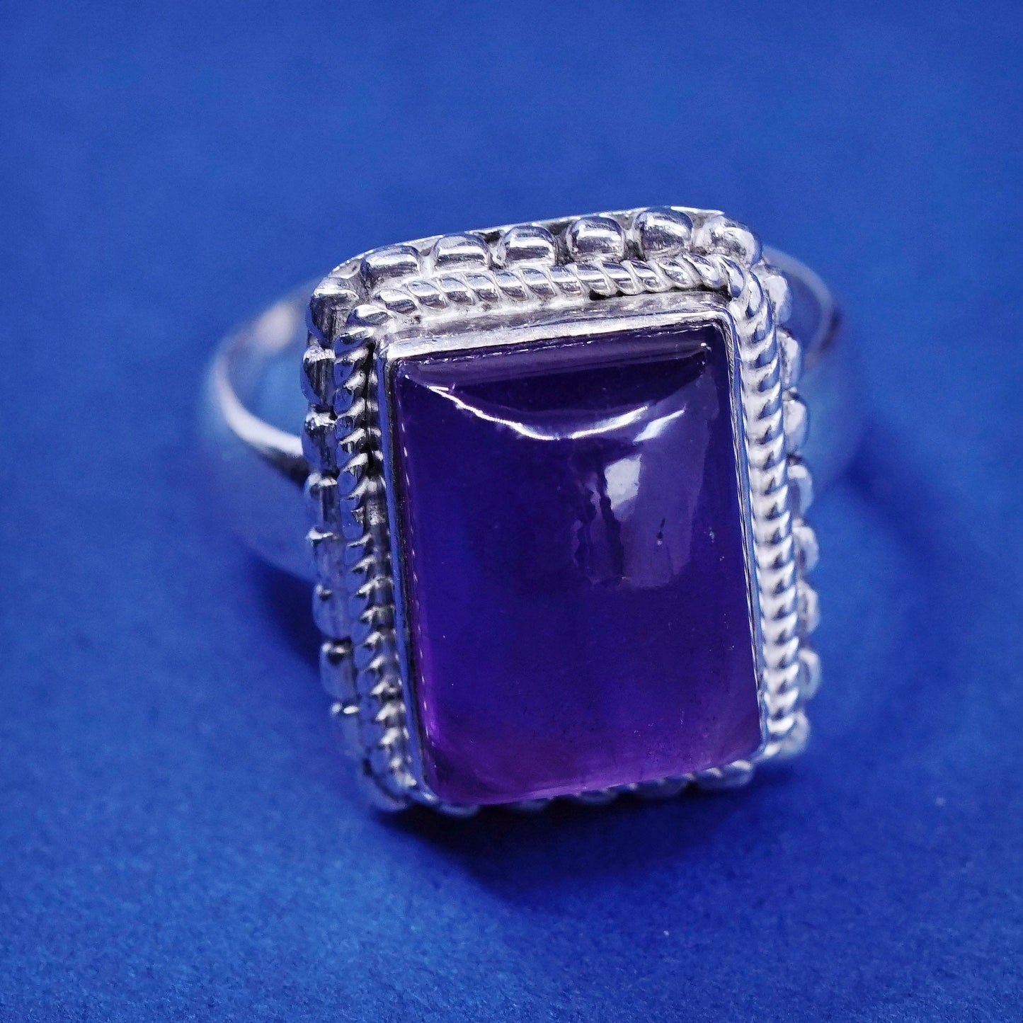 Size 8, vintage Sterling 925 silver handmade ring with amethyst and beads
