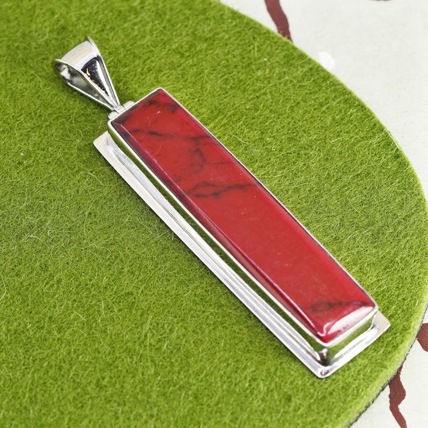 Vintage sterling 925 silver handmade long pendant with red jasper