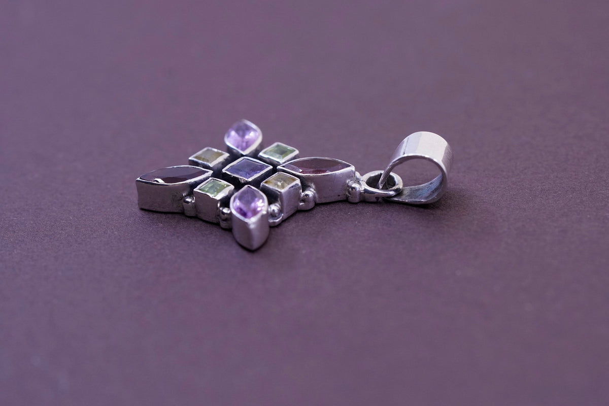 vtg Sterling 925 silver handmade pendant with ruby amethyst citrine and peridot
