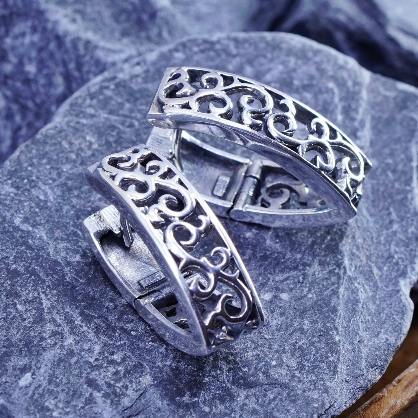 1”, Vintage Sterling silver handmade earrings, V 925 filigree hoops Huggie