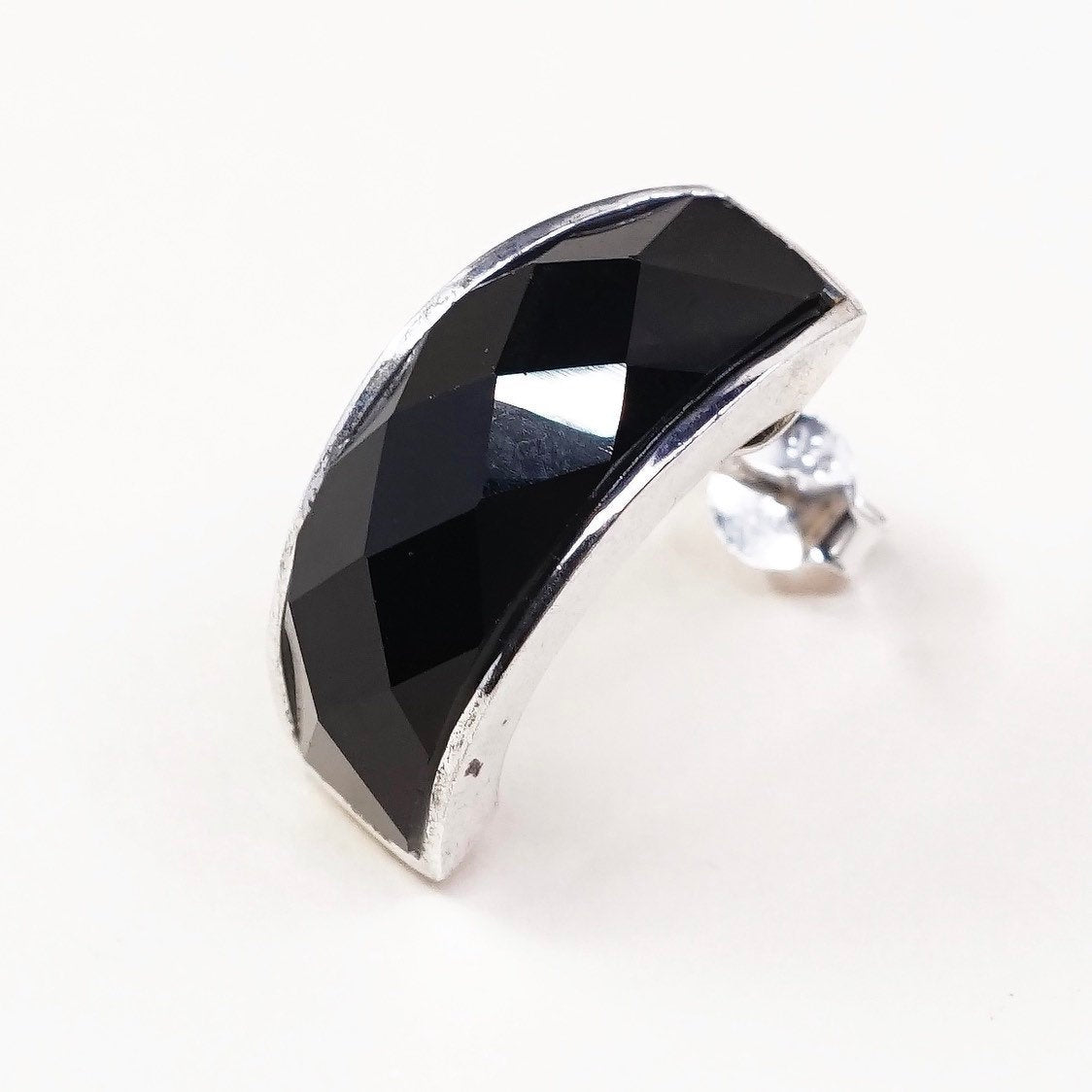 VTG sterling silver earrings, 925 silver buggies w/ diamond cut obsidian
