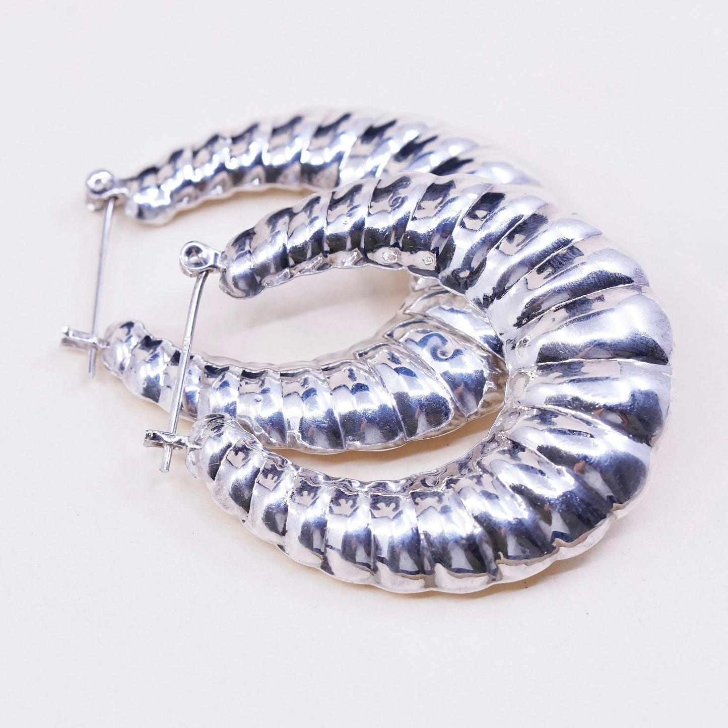 1.75”, vtg sterling silver loop earrings, primitive Ribbed puffy hoops, huggie