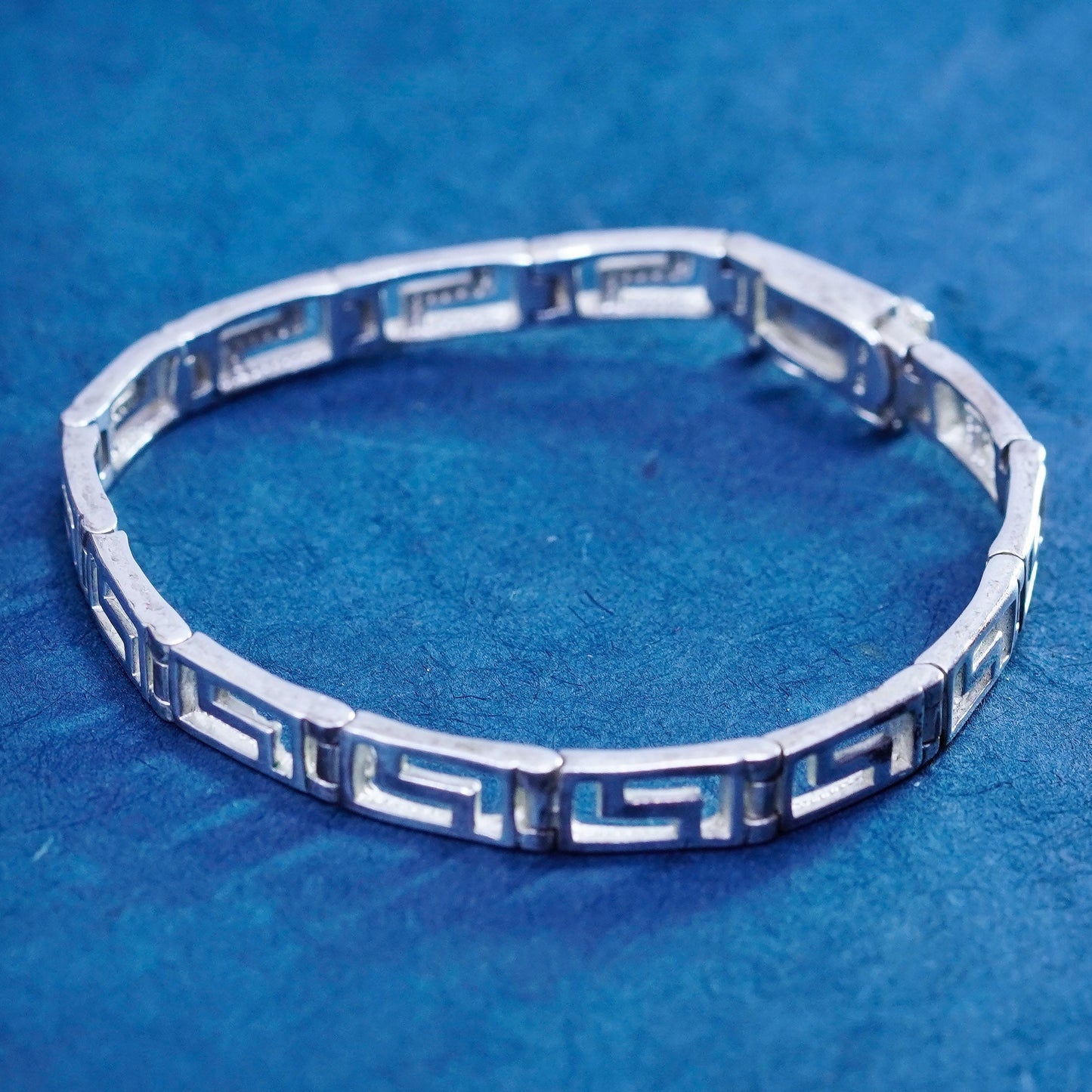 6.5”, vtg Sterling silver handmade bracelet, 925 Greek key pattern tennis chain