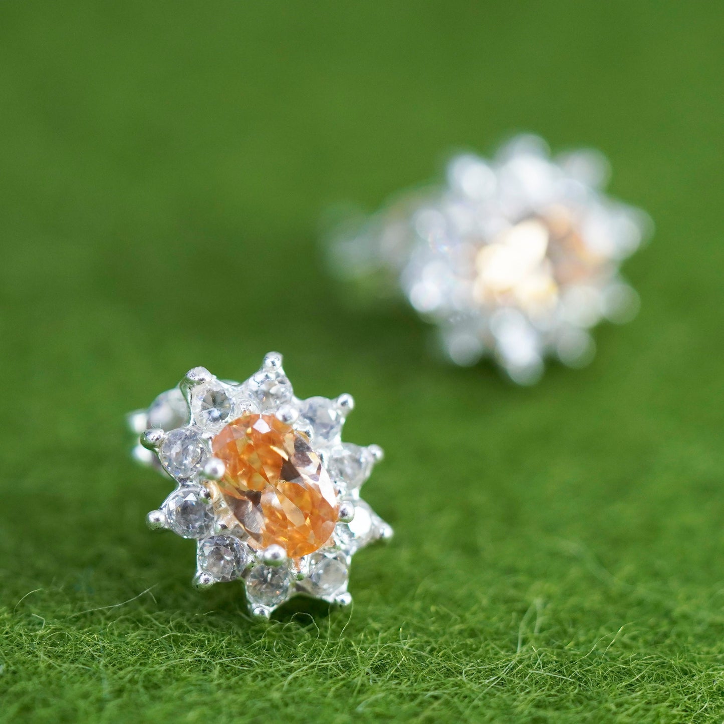 Vintage sterling silver studs earrings with citrine and cz, fashion earrings