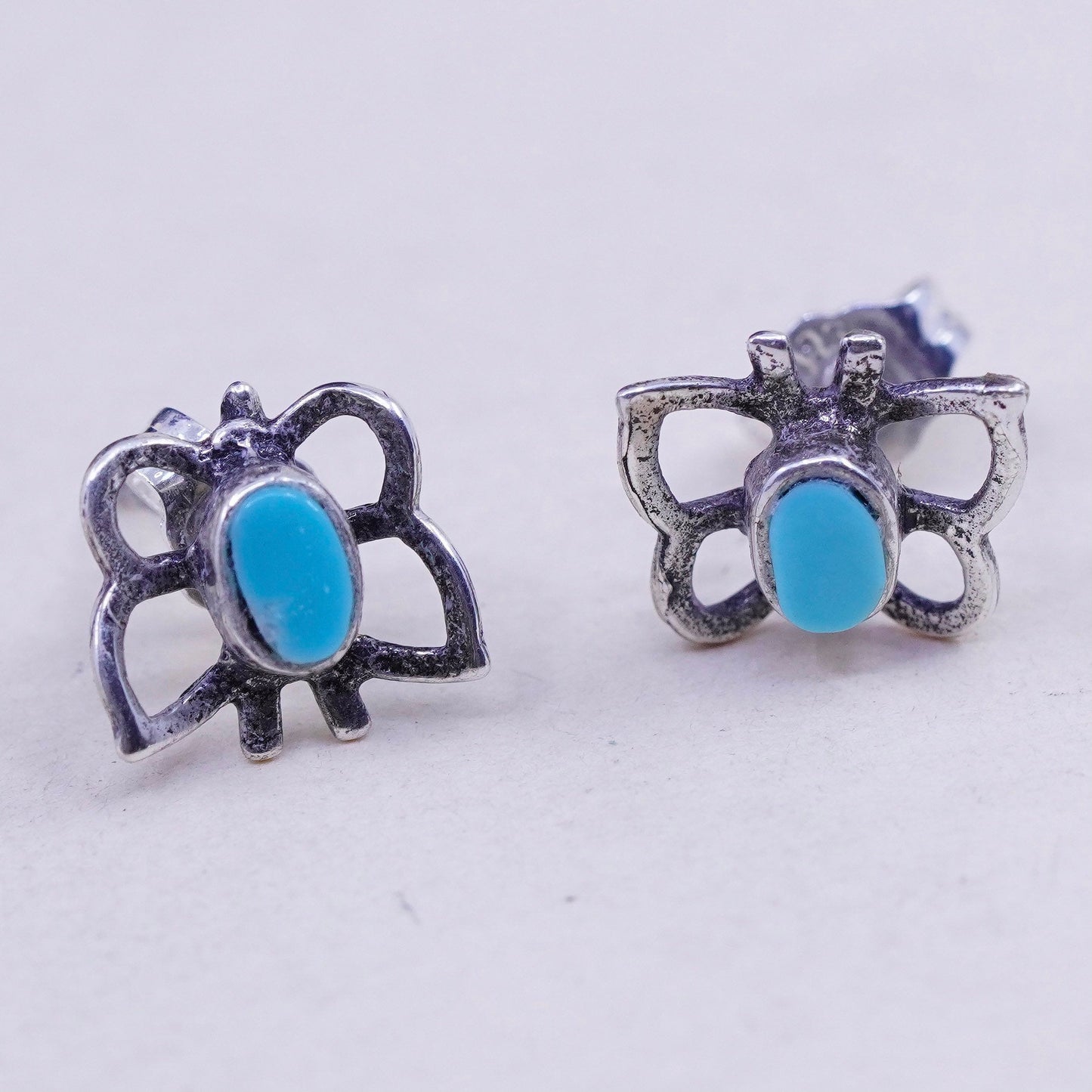 Vintage sterling 925 silver handmade butterfly studs, earrings with turquoise