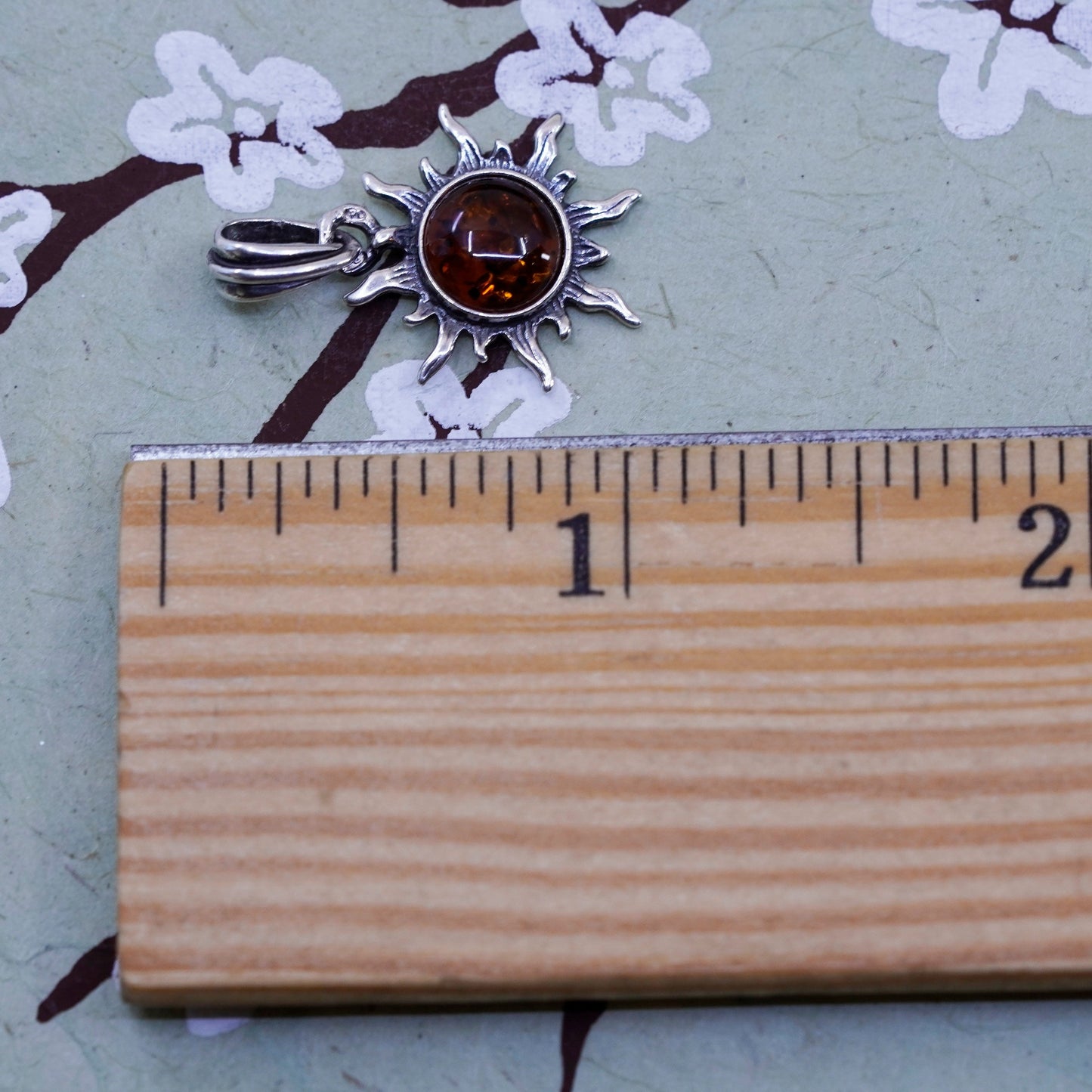 Vintage Sterling 925 silver handmade Sun pendant with Amber