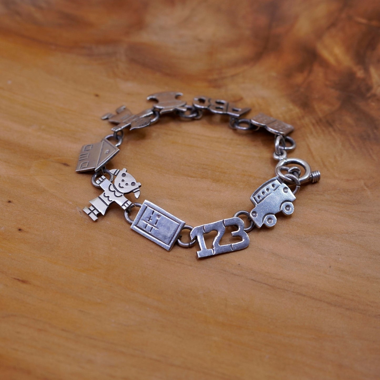 6.5”, Sterling 925 silver bracelet with book ABC Apple kids house 123 car
