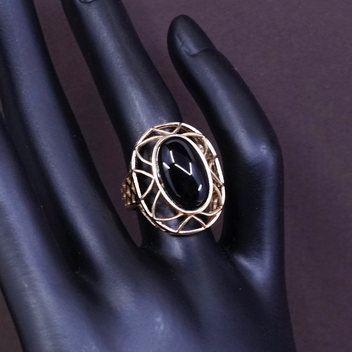 sz 6, vermeil gold over Sterling silver handmade ring, modern 925 w/ obsidian