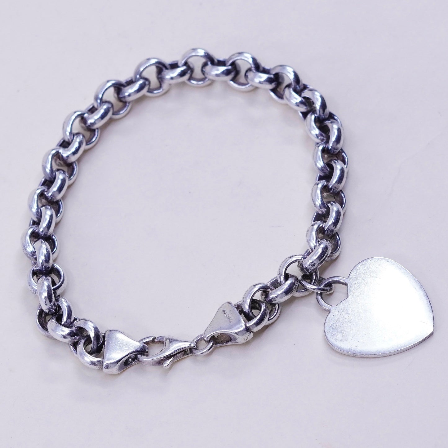 7”, 8mm, sterling silver circle bracelet, 925 chain heart charm toggle closure