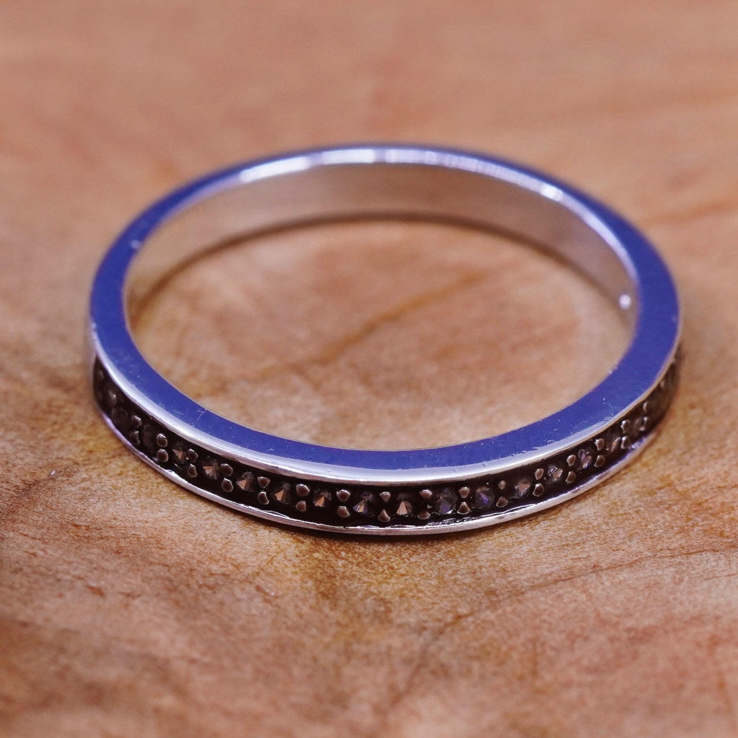 Size 7.25, vintage stackable sterling 925 silver ring with black diamond
