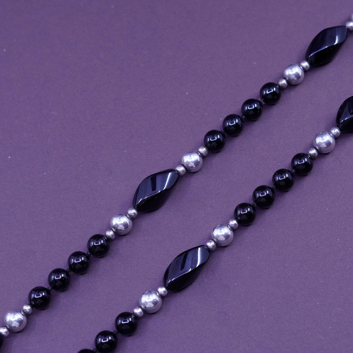 30” vintage sterling 925 silver handmade necklace with obsidian beads