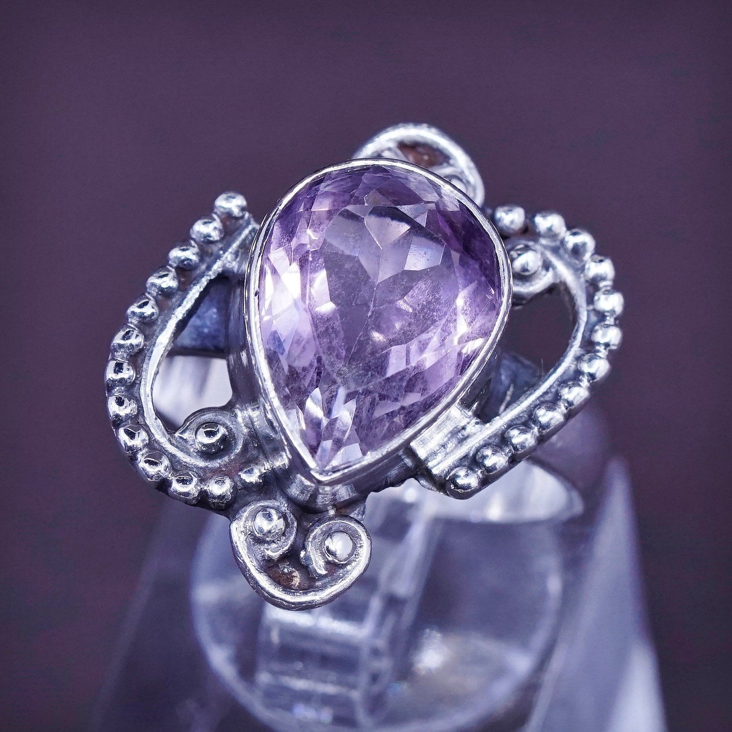 Size 8.5, vtg Sterling 925 silver handmade ring w/ teardrop amethyst N beads