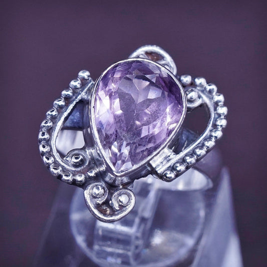 Size 8.5, vtg Sterling 925 silver handmade ring w/ teardrop amethyst N beads