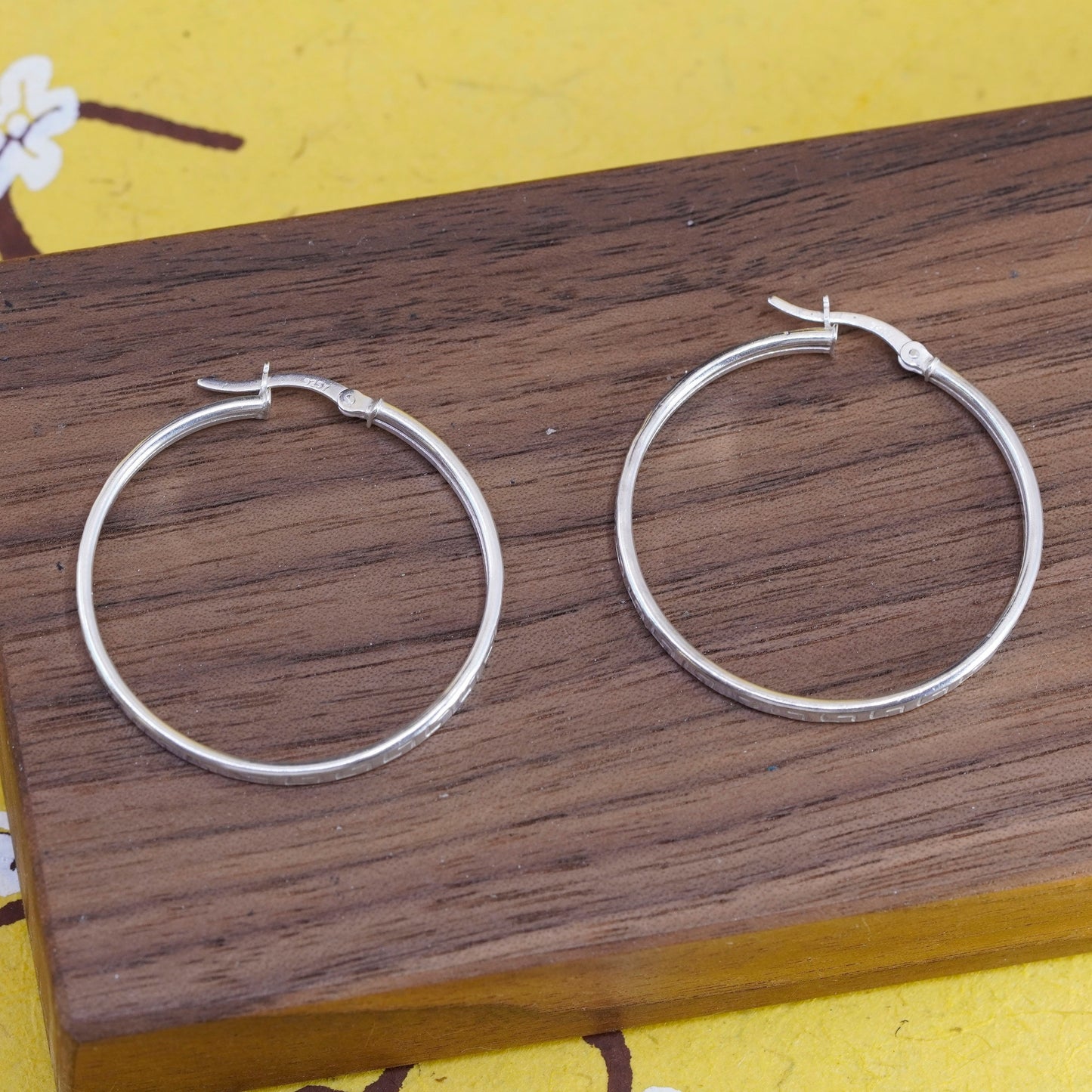 1.5”, Sterling silver handmade hoop earrings, mexico 925 Greek key huggie