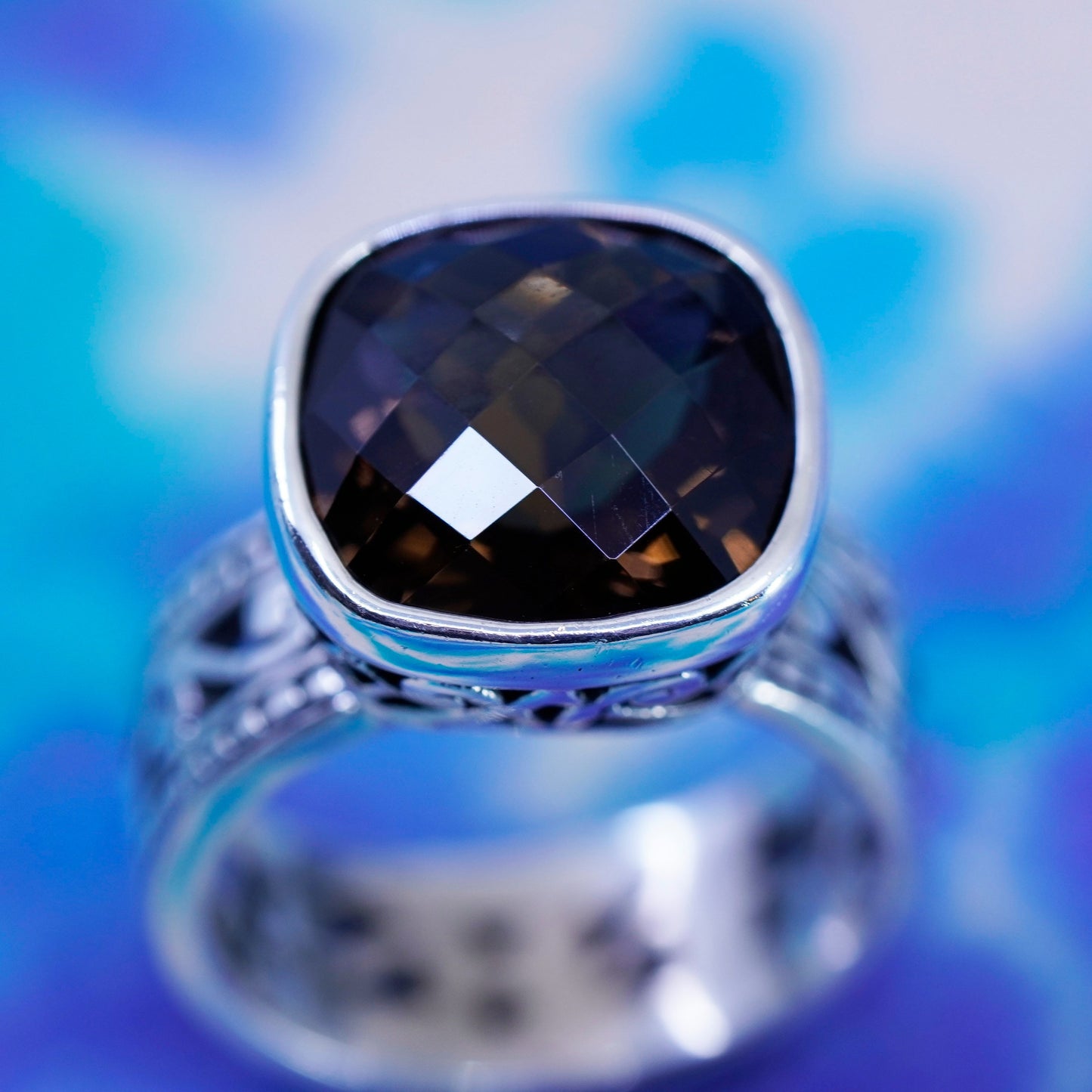 Size 6.5, vtg Brighton Sayan Sterling Silver Handmade filigree Ring smoky topaz