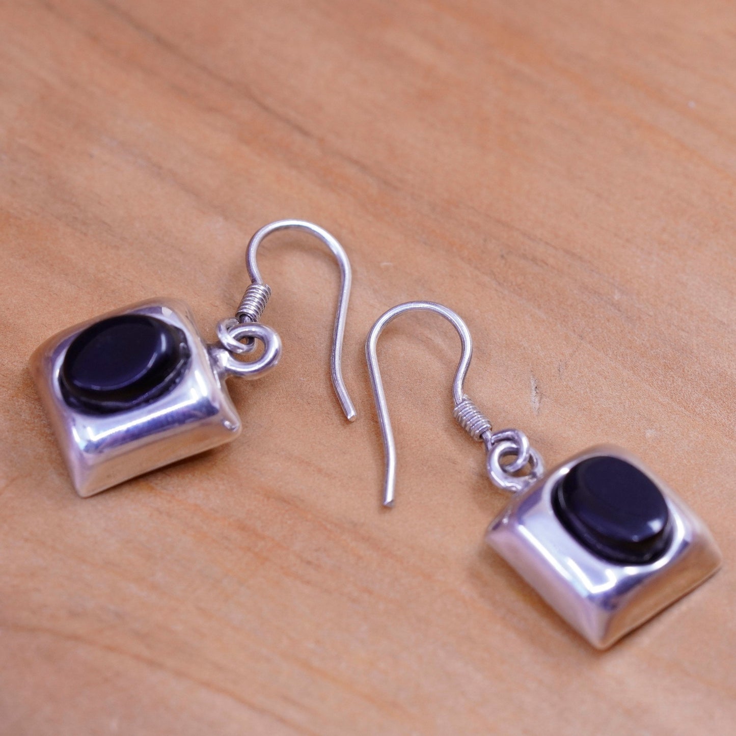 Vintage Sterling 925 silver handmade earrings with oval obsidian inlay