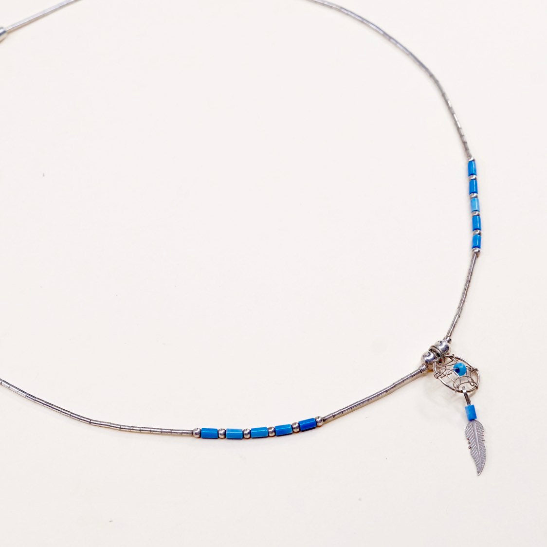 15", heishi Navajo Sterling silver necklace, 925 liquid chain turquoise feather
