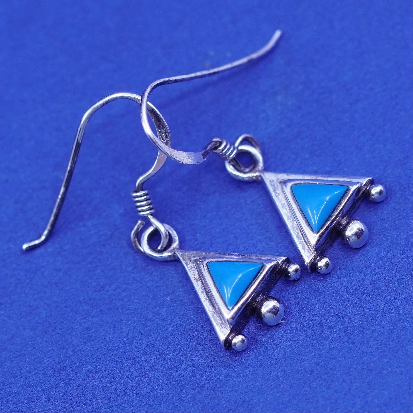 southwestern sterling 925 silver handmade triangular earrings with blue onyx