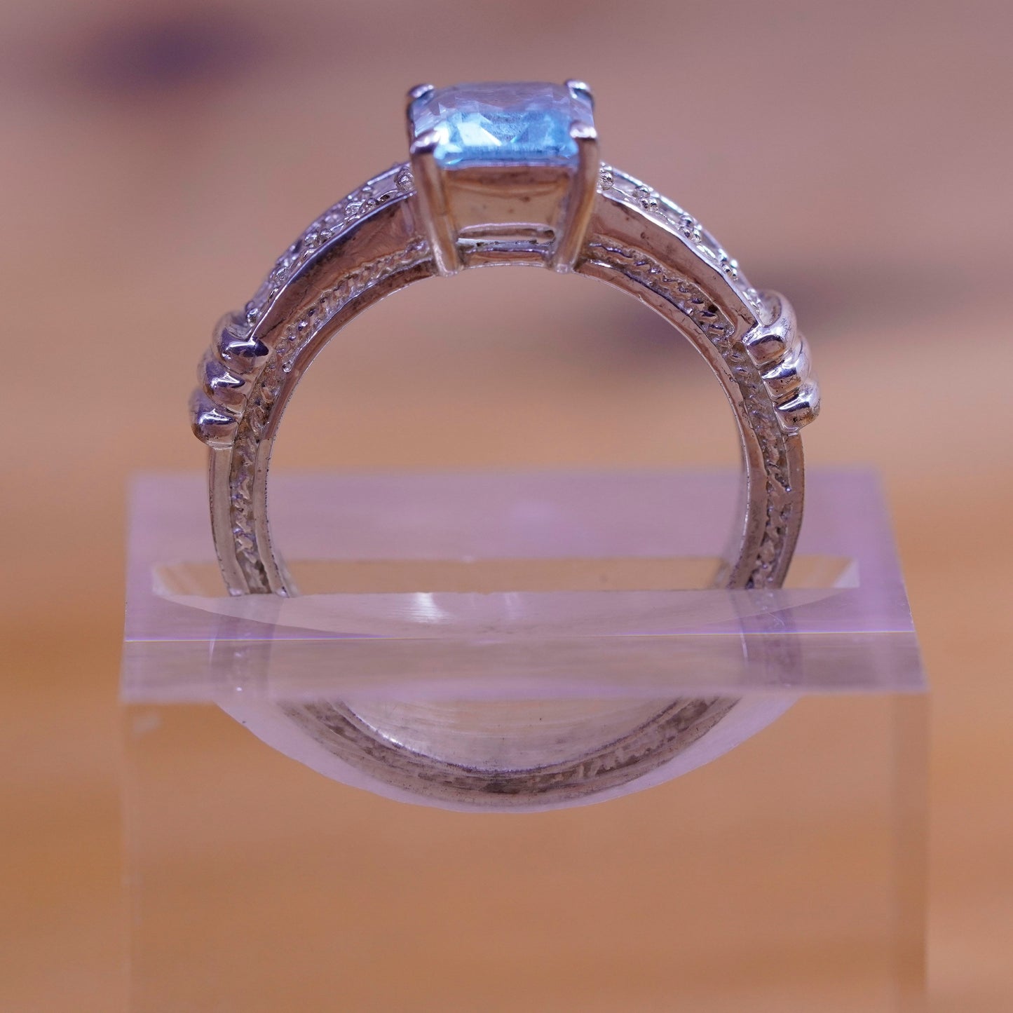 Size 8.25, vintage Sterling 925 silver engagement ring with blue topaz and cz