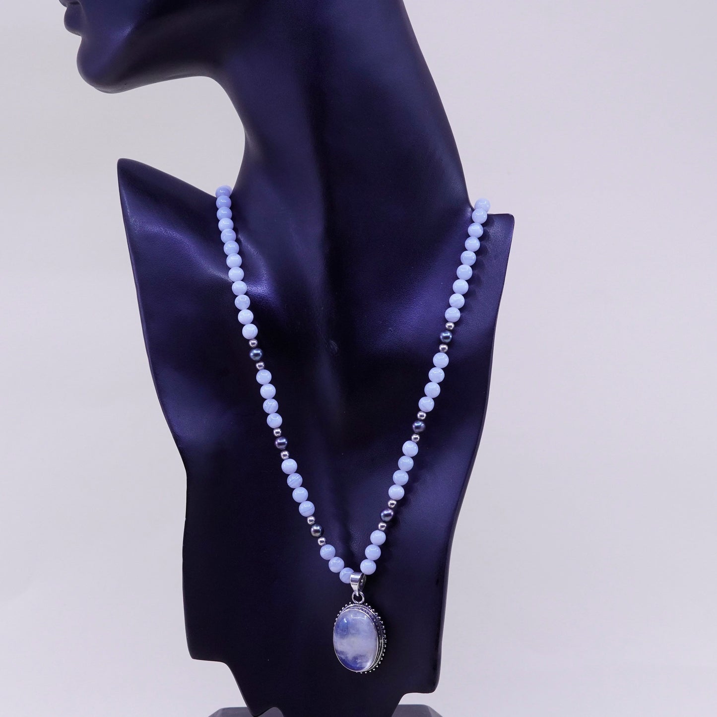 21”, sterling 925 silver necklace lace agate pearl bead chain moonstone pendant