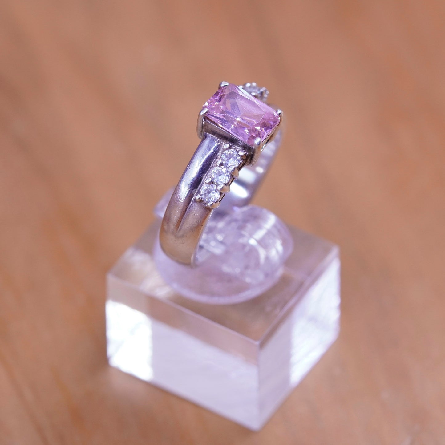 Size 8, Sterling silver handmade ring, 925 band with oval pink Cz stone