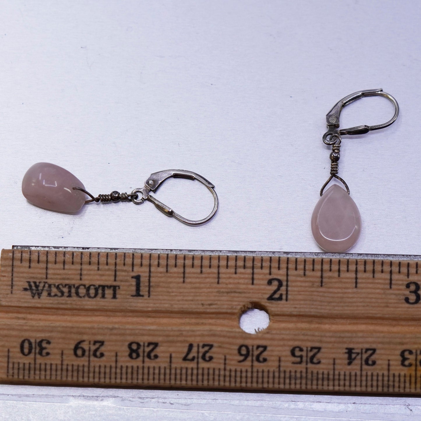 Vintage Sterling 925 silver handmade earrings with teardrop pink rose quartz
