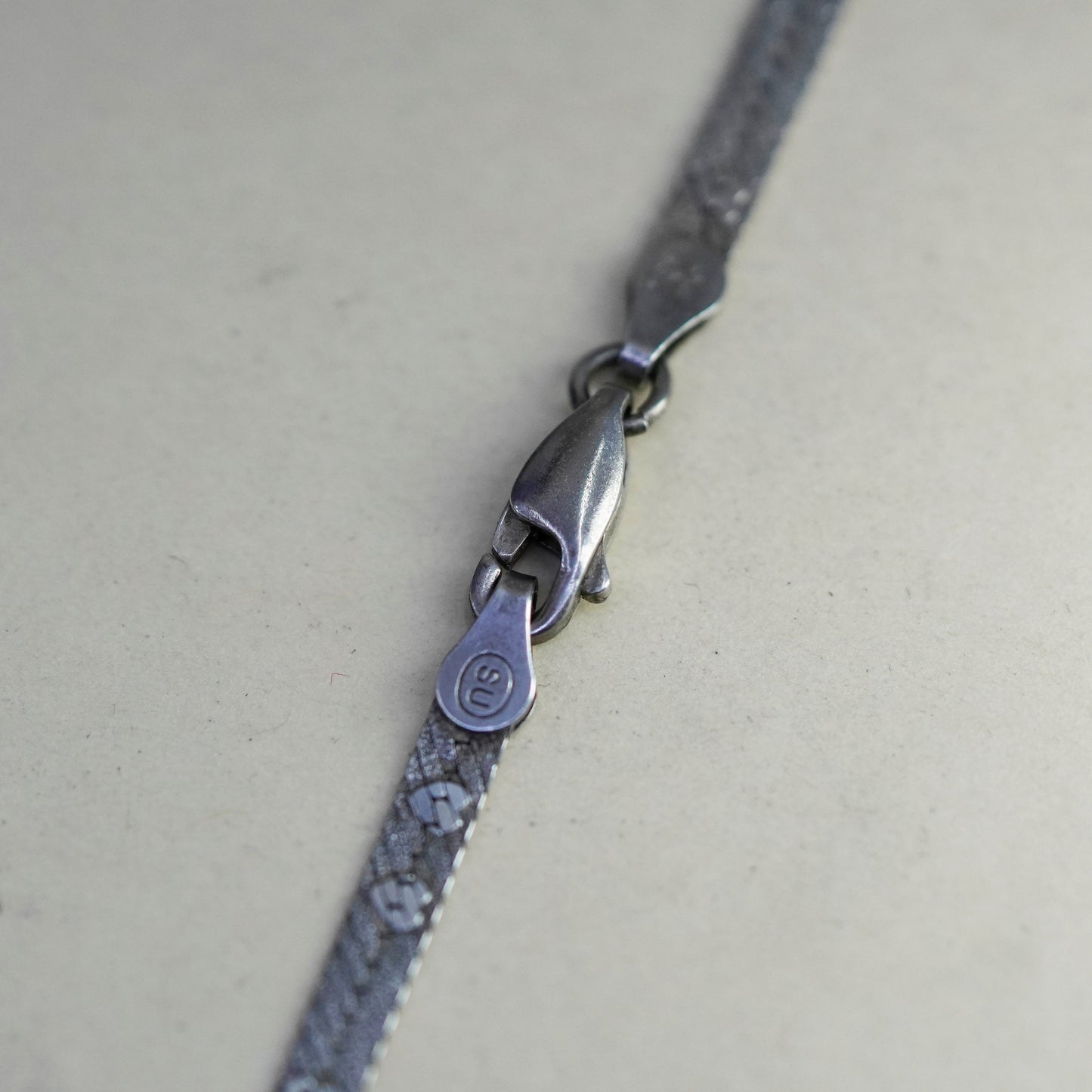 18”, VTG Italy sterling silver necklace, heart textured 925 herringbone chain