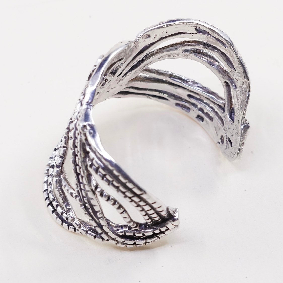 6”, vtg unique Sterling silver handmade cuff, mexico wide wired wave bracelet