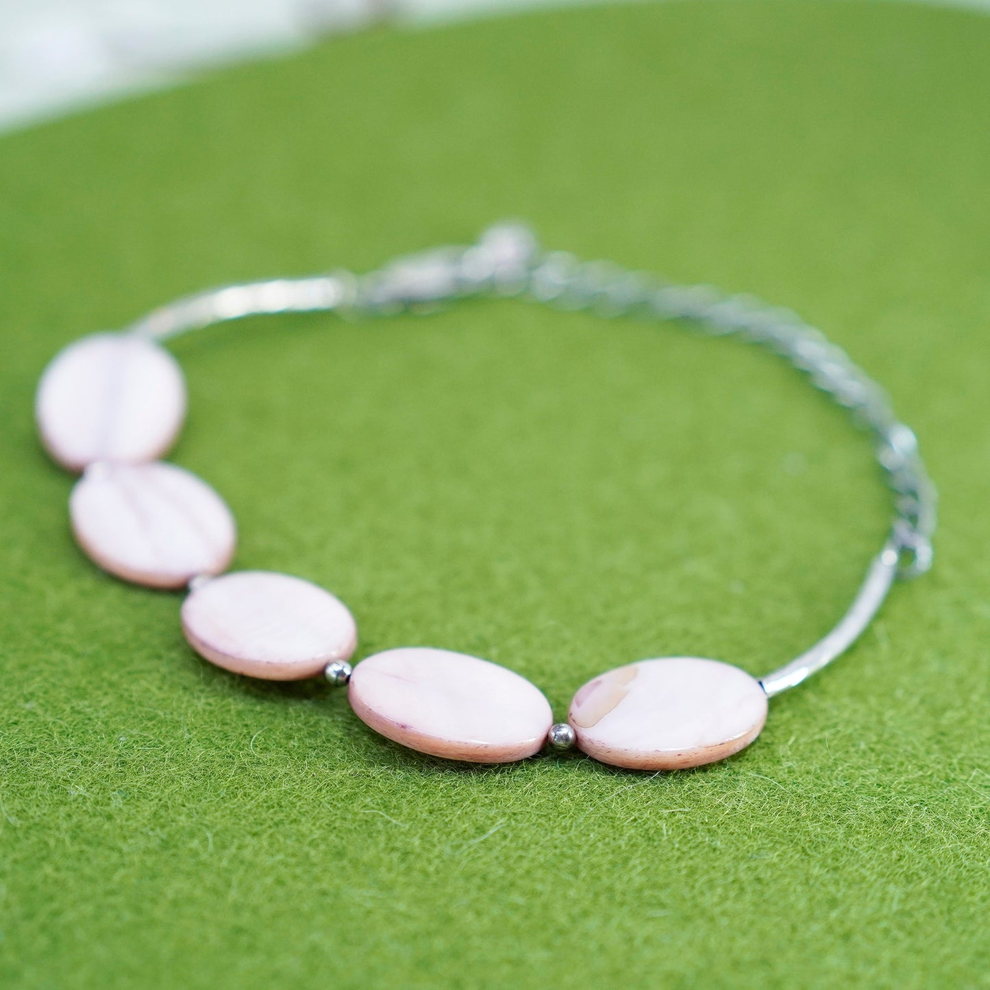 7+3”, Sterling silver bracelet, Mexico 925 chain with pink mother of pearl