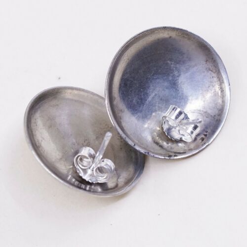 Vintage Sterling Silver Handmade Earrings, Navajo 925 Ribbed Studs W/ Turquoise