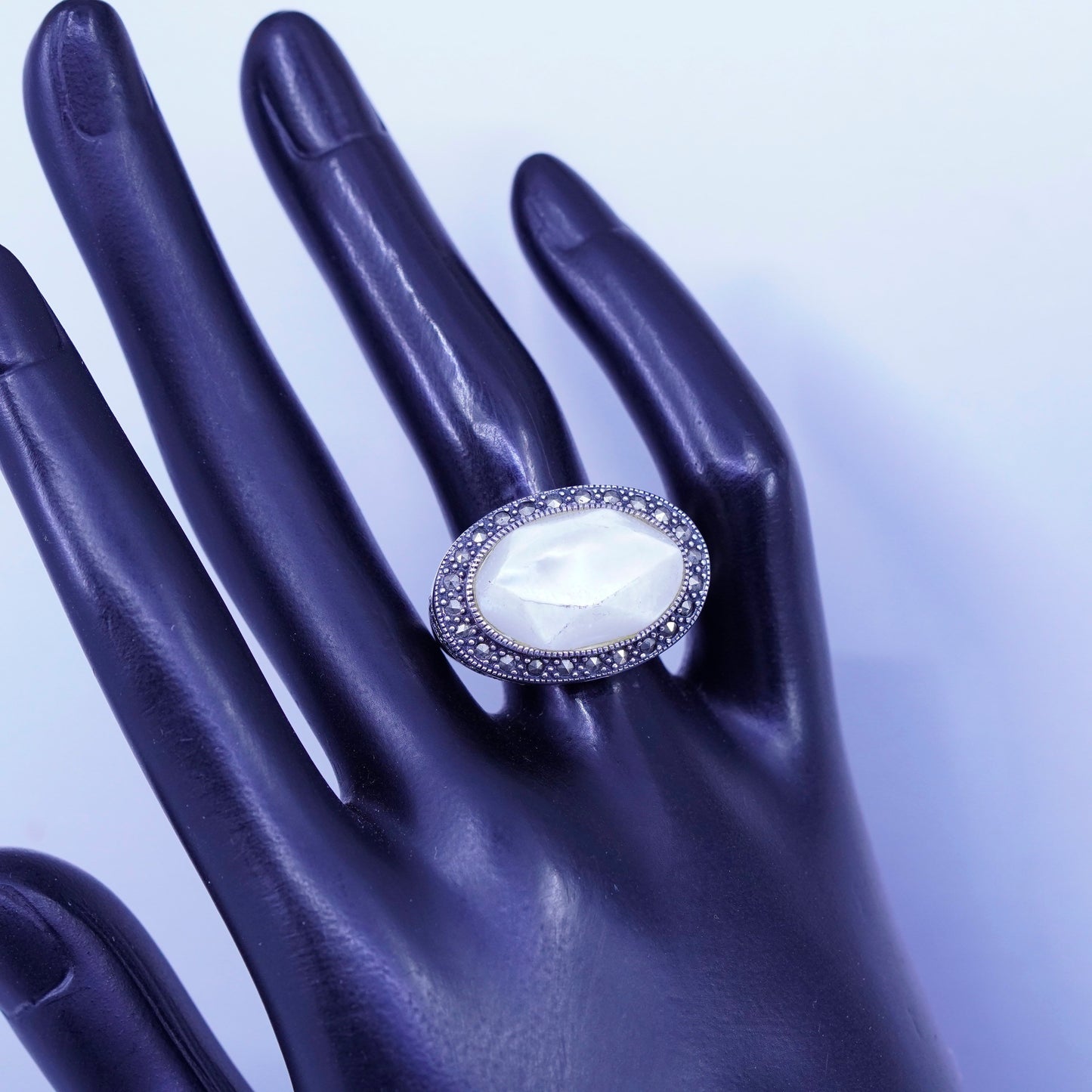 Size 7, Judith Jack Sterling 925 silver handmade ring, band marcasite moonstone