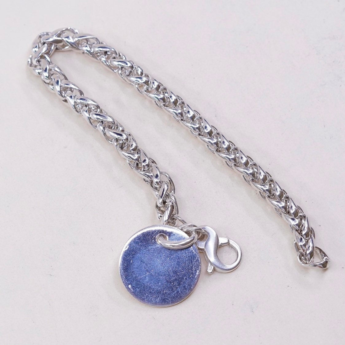 7", VTG sterling silver handmade bracelet, 925 wheat link chain w/ blank charm
