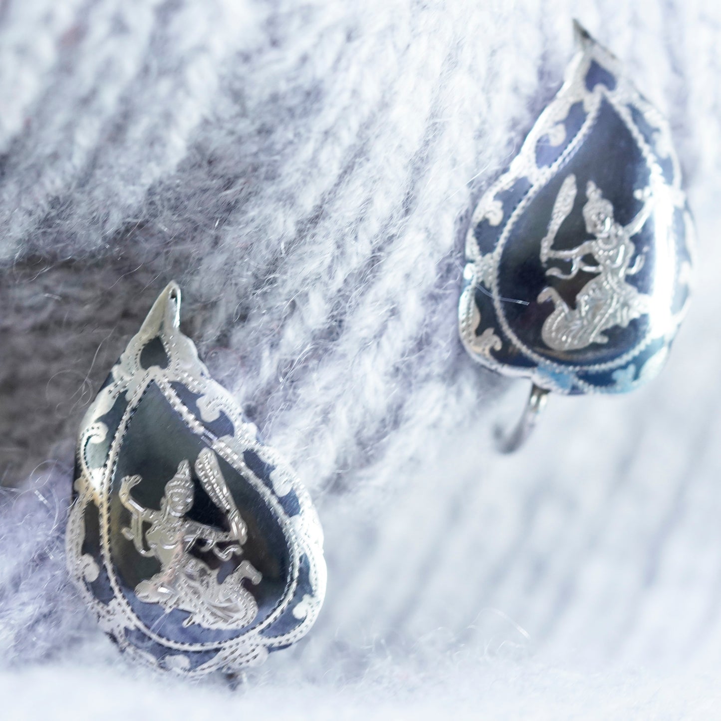 Vintage Sterling silver earrings, 925 screw back enamel Indian goddess teardrop