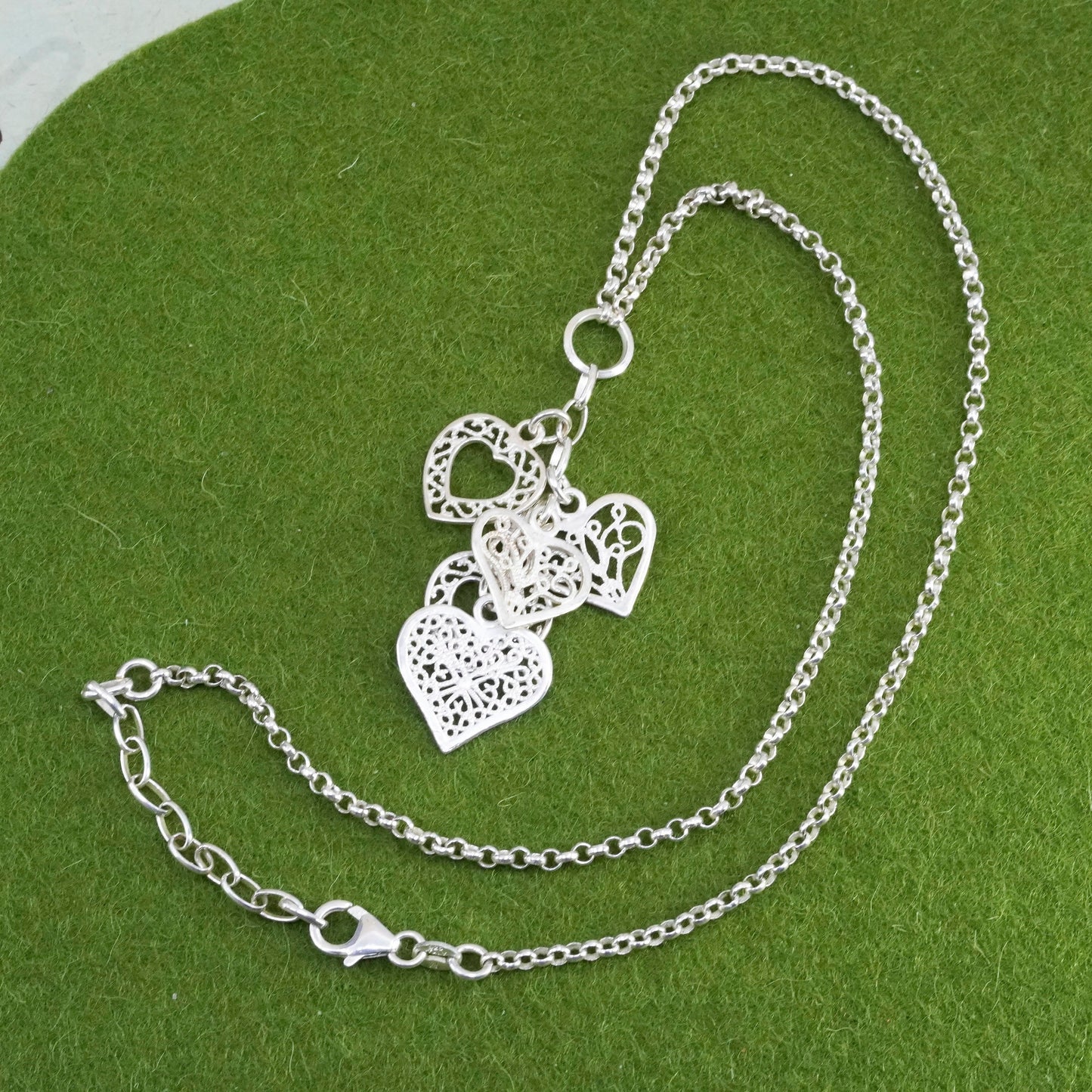 16+2”, Vintage 925 sterling silver circle chain with filigree heart pendant