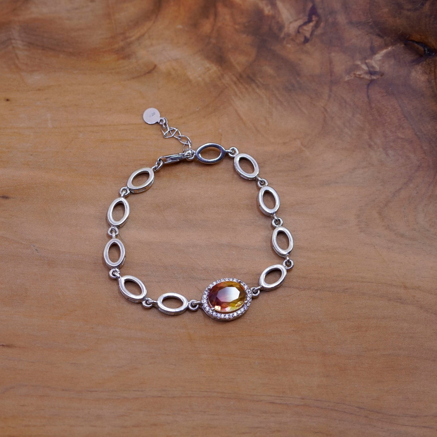 5.75+1”, vintage Sterling silver handmade bracelet, 925 oval chain fluorite cz