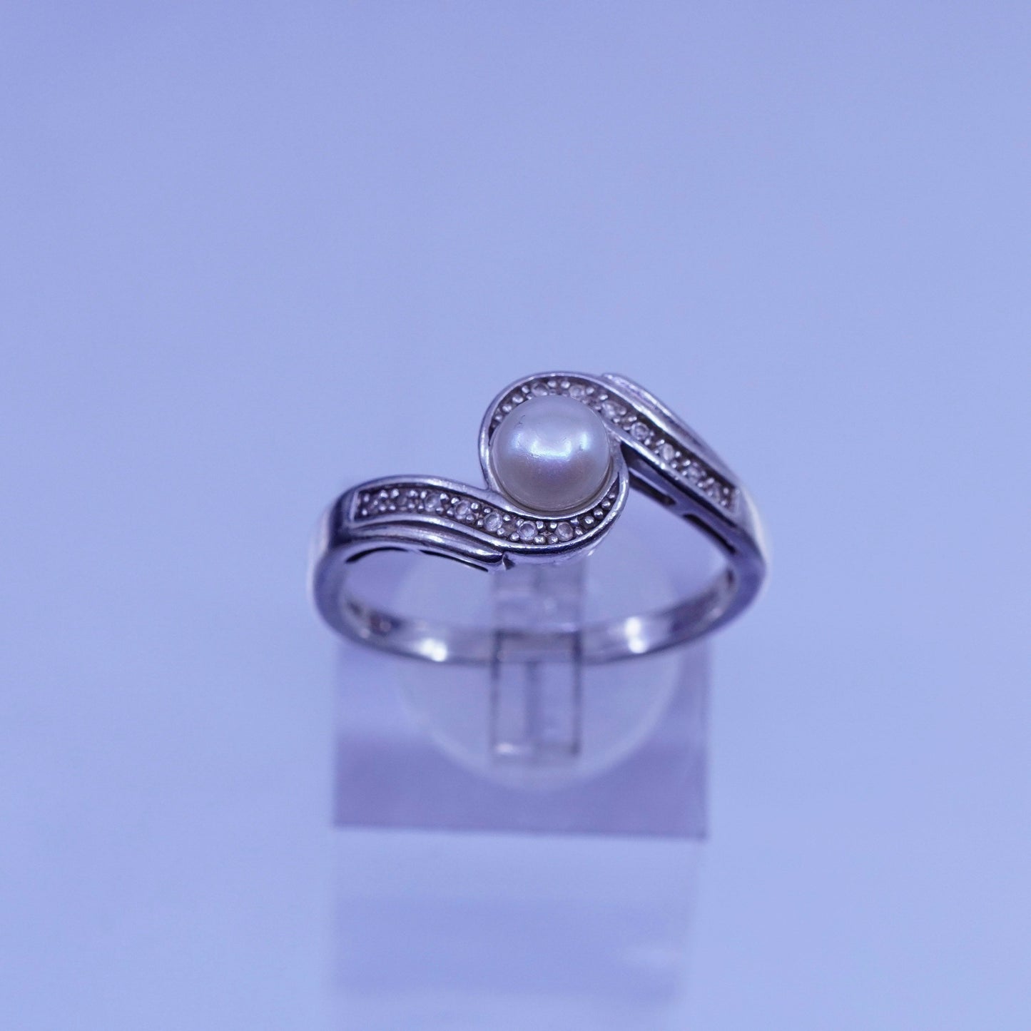 Size 10.5, vintage Sterling 925 silver handmade ring with pearl and diamond