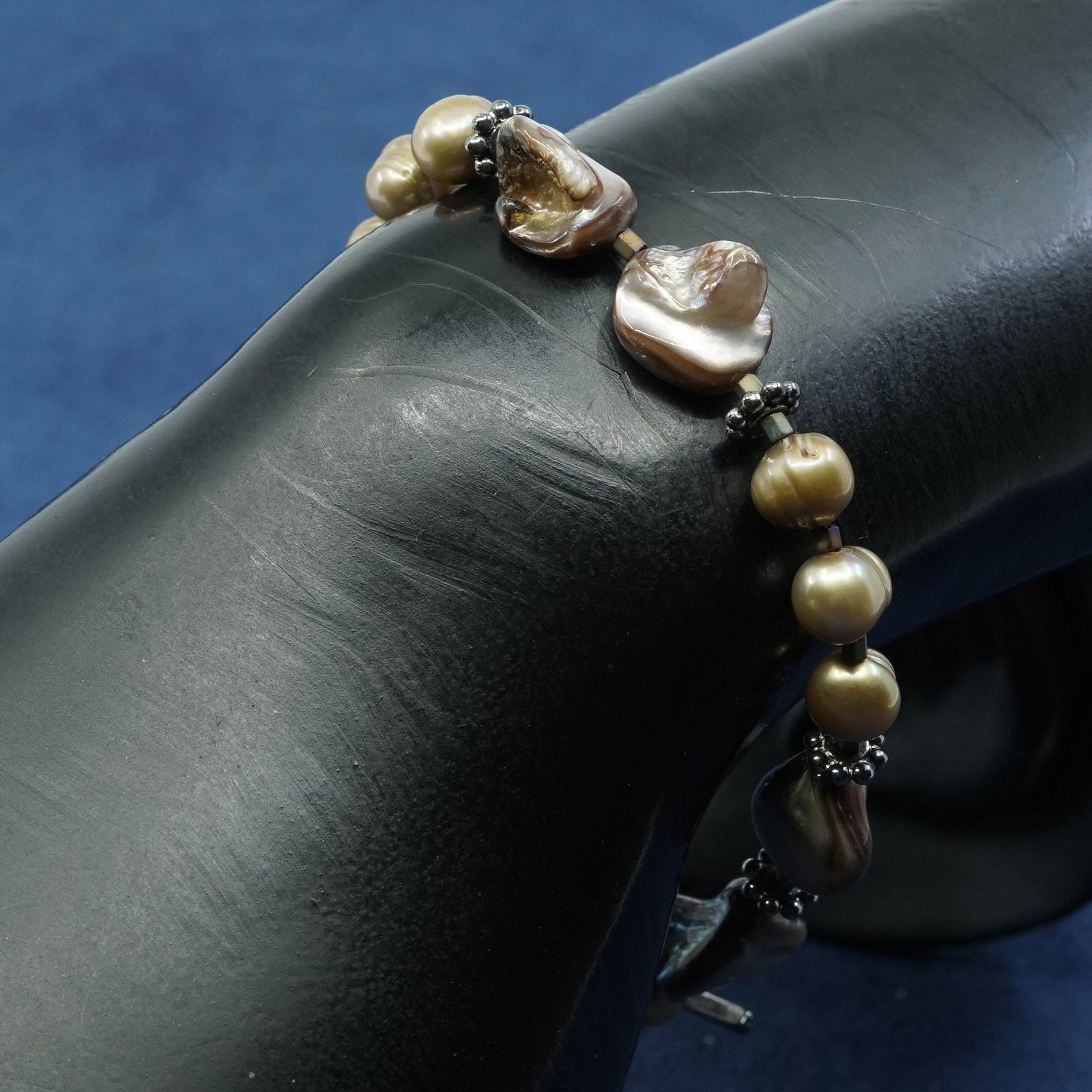 6.75", vtg sterling silver handmade bracelet, pearl beads N 925 toggle closure