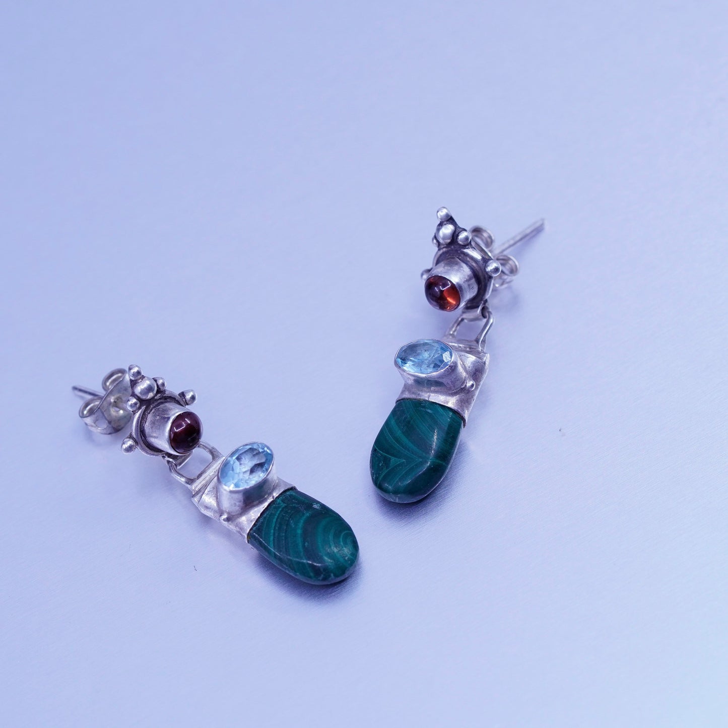 Vintage Sterling 925 silver handmade earrings with malachite topaz and garnet