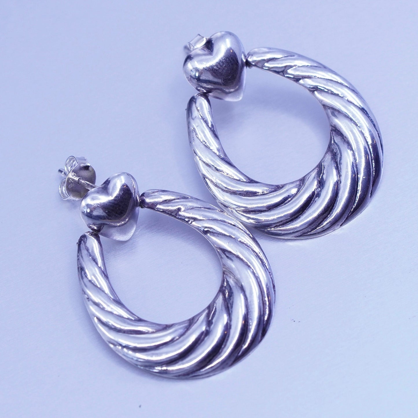 1.25”, vintage Sterling silver handmade earrings, 925 hoops with heart