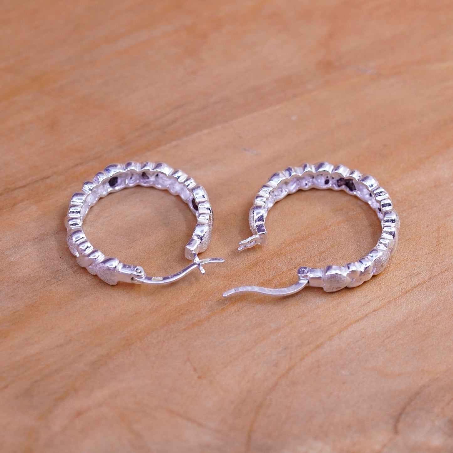 0.75”, Vintage Sterling silver handmade earrings, 925 heart textured hoops